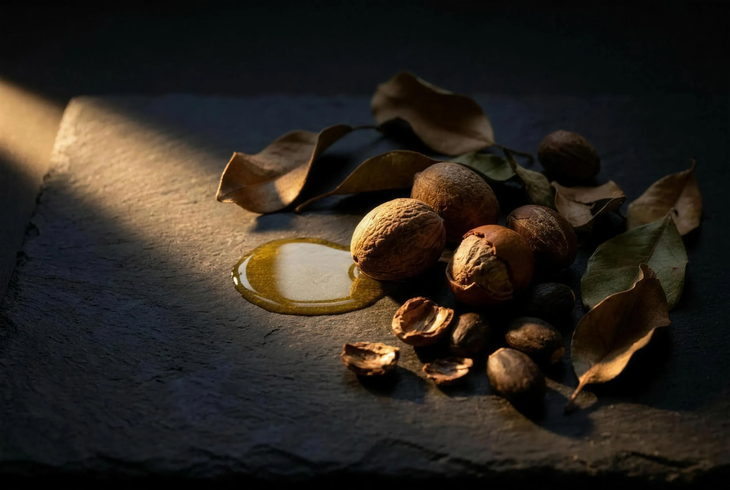 Marula and shea nuts, baobab seeds and golden plant oil on dark stone in warm sunlight