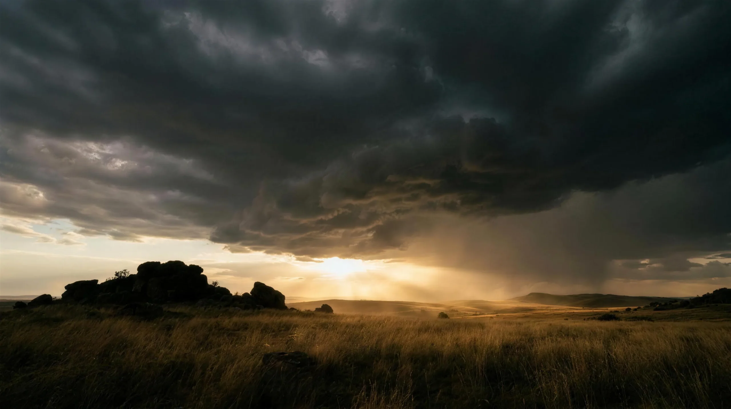 Storm clouds gathering over dry South African grassland with golden light on the horizon