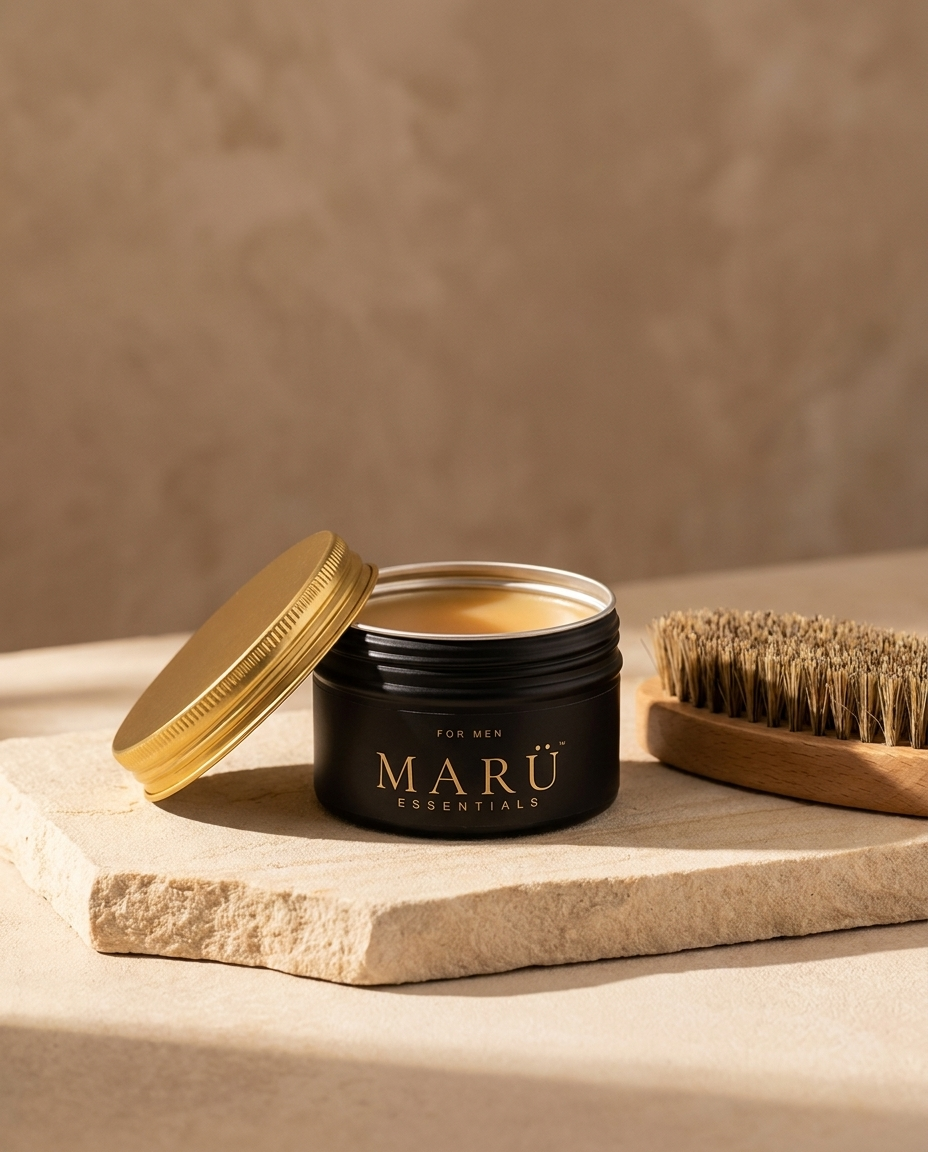 Open matte black MARÜ ESSENTIALS tin of amber beard balm with a gold lid and a wooden brush