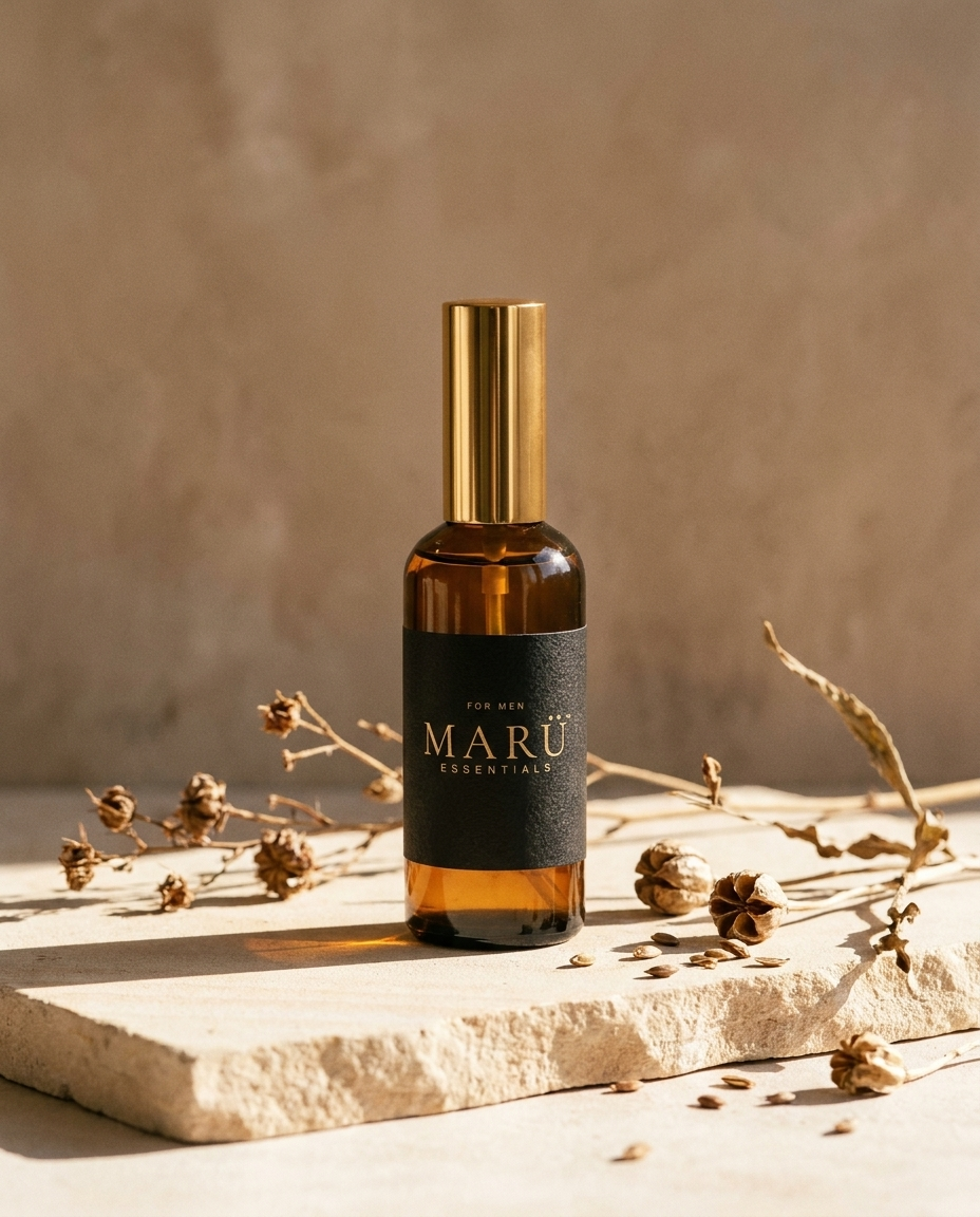 Amber glass MARÜ ESSENTIALS bottle with a gold cap on pale stone with dried botanicals