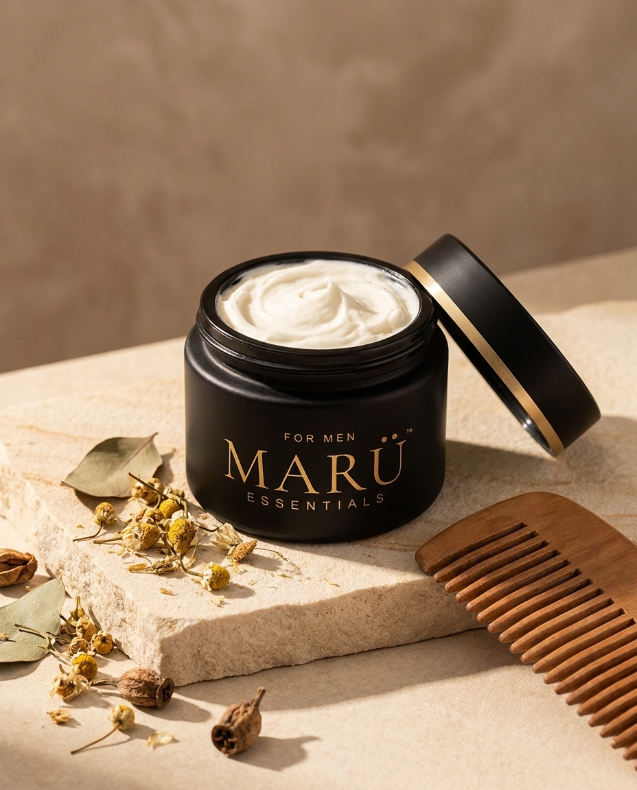 Open matte black MARÜ ESSENTIALS jar of white hair butter beside a wooden comb