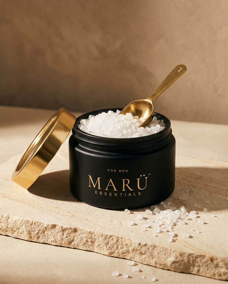 Matte black MARÜ ESSENTIALS jar of white and clear mineral bath salts with a brass scoop on pale stone