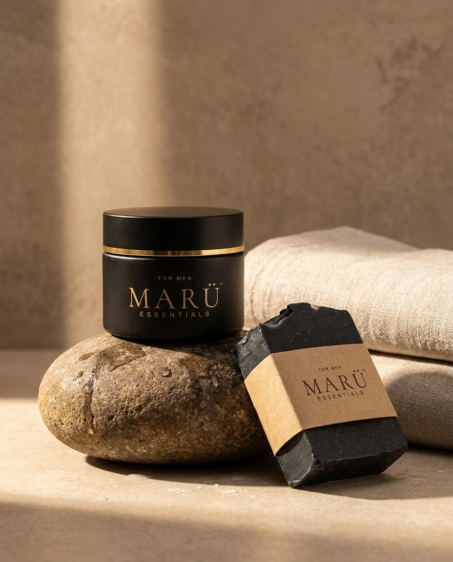 MARÜ ESSENTIALS jar and a charcoal cleansing bar on a river stone with linen behind