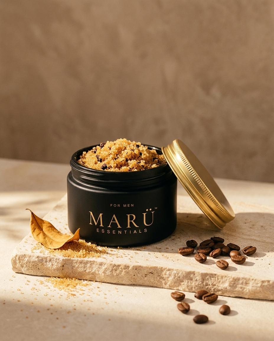 Open matte black MARÜ ESSENTIALS jar of golden sugar and coffee scrub with a gold lid