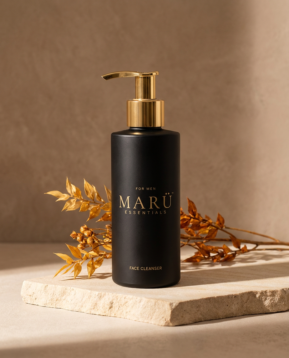 Matte black MARÜ ESSENTIALS pump bottle with a gold pump on pale stone