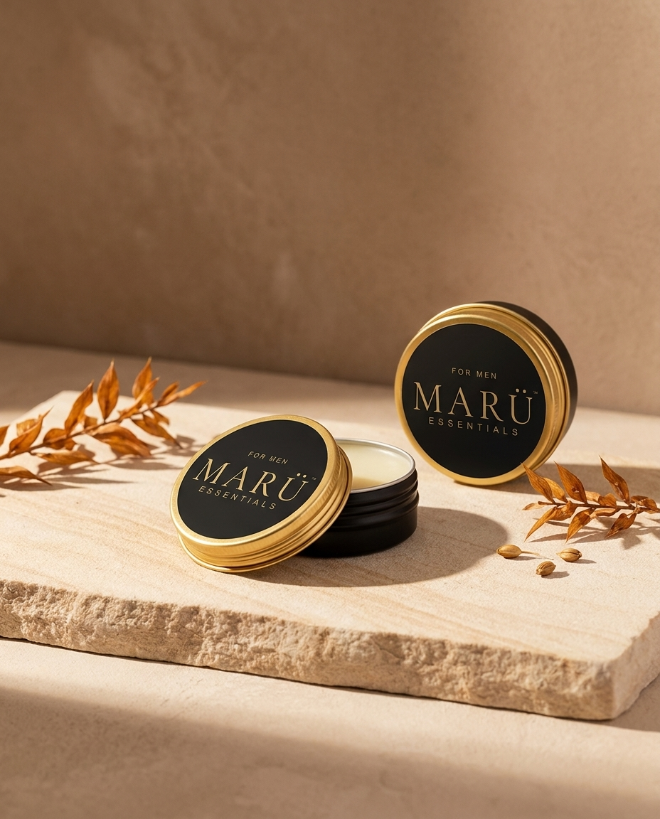 Small round matte black MARÜ ESSENTIALS tins with gold lids on pale stone
