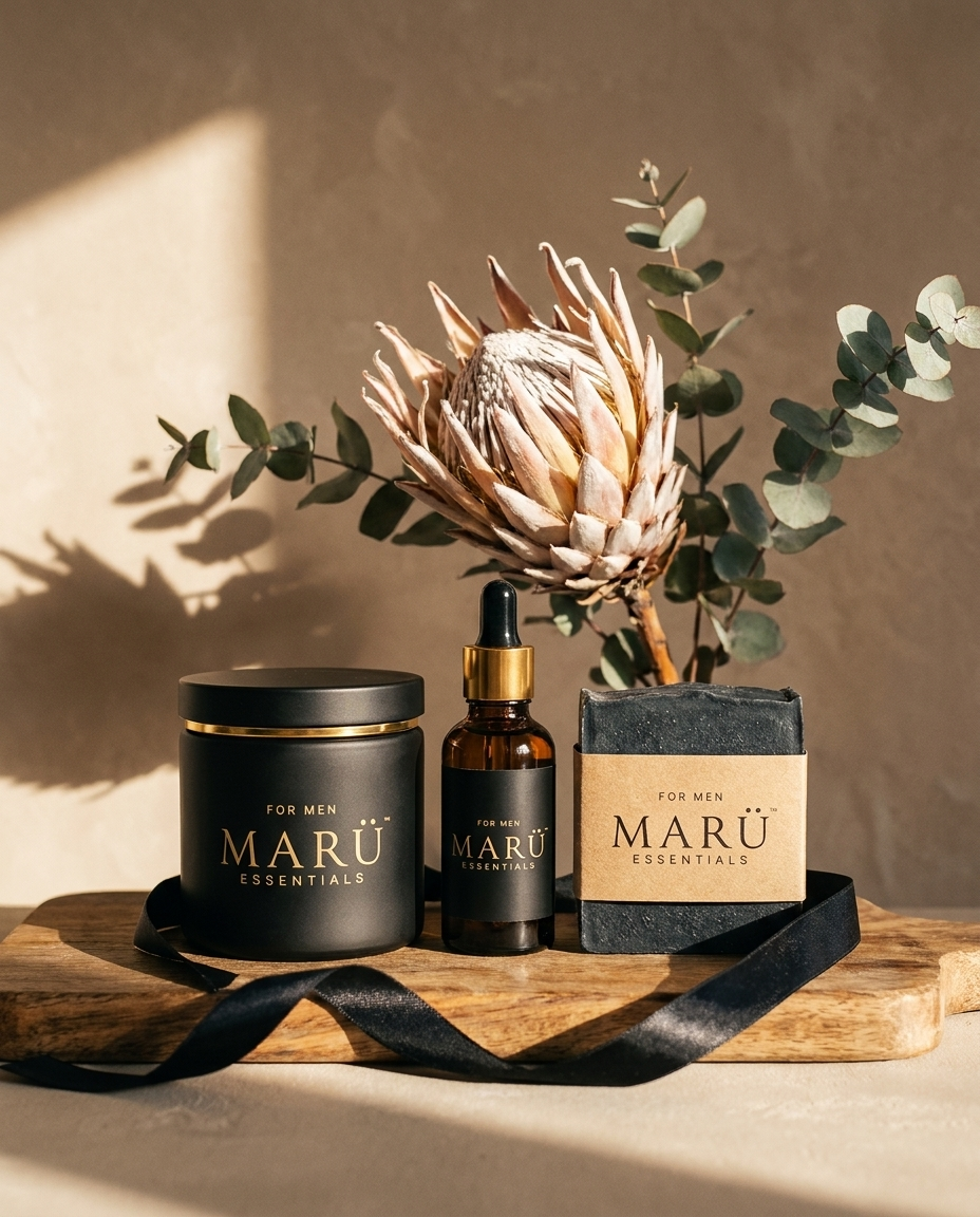 Three MARÜ ESSENTIALS products bound with black ribbon on a wooden board with a protea and eucalyptus