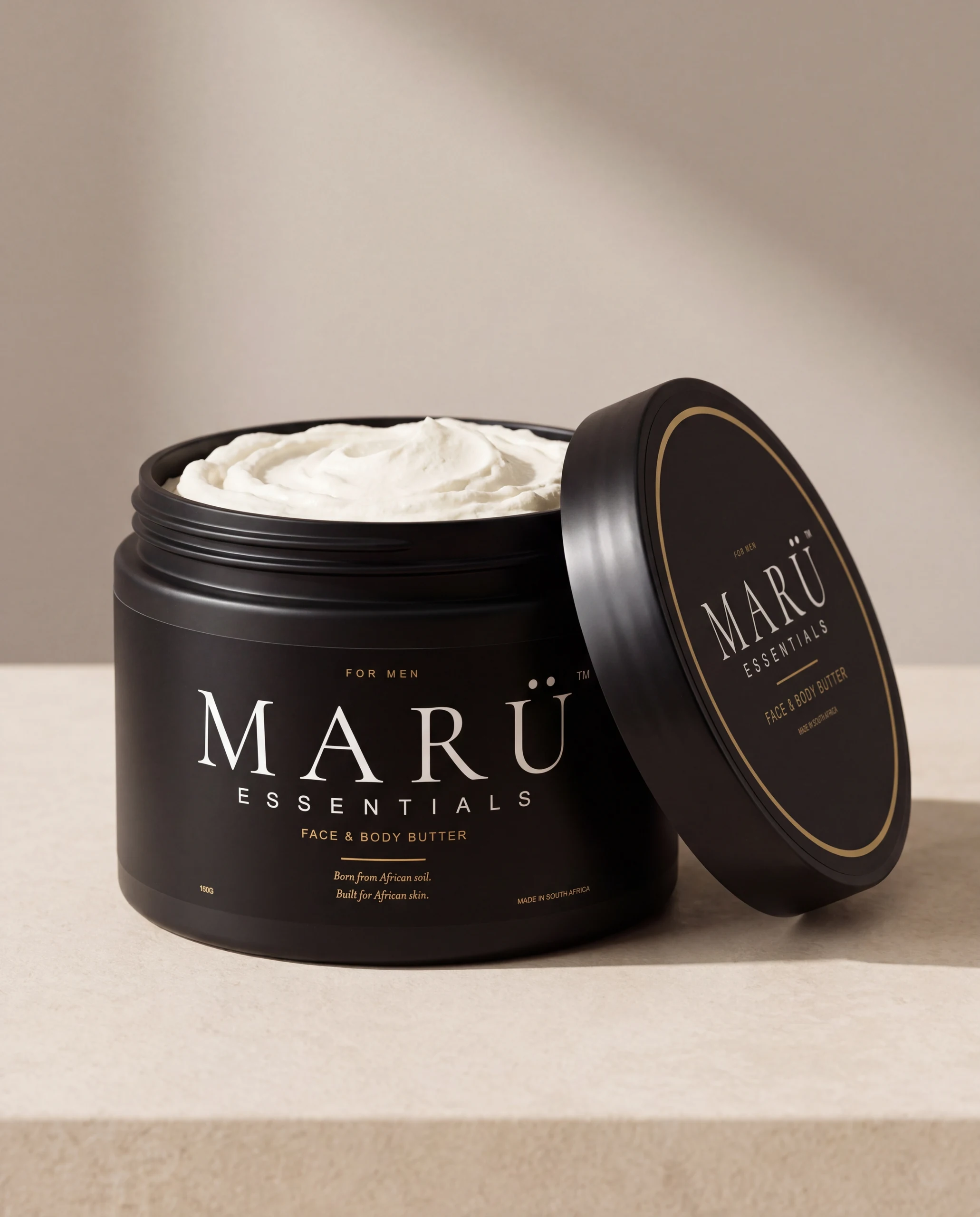 MARU Essentials Face & Body Butter jar, open, with lid